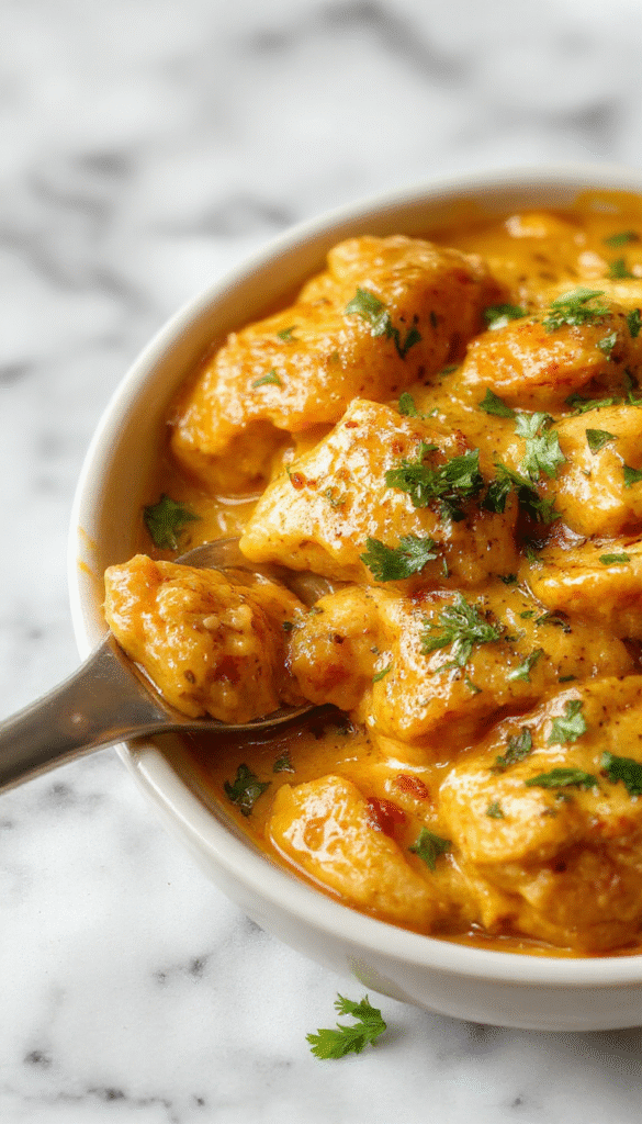 A rich, creamy bowl of Indian Butter Chicken garnished with fresh cilantro, served alongside fluffy basmati rice on a rustic wooden table, showcasing its vibrant orange hue and velvety texture.