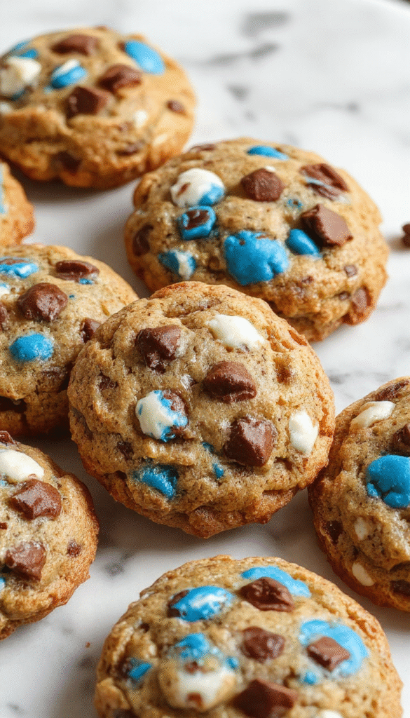 Colorful and playful cookie monster cookies featuring vibrant blue cookie dough shaped with googly eyes and candy sprinkles, arranged on a rustic wooden platter, with a cozy kitchen background.