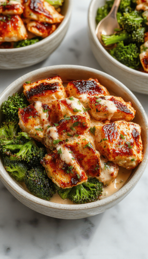 A vibrant plate featuring sliced grilled chicken and bright green broccoli florets arranged in a bowl, drizzled with a silky, creamy garlic sauce, garnished with chopped herbs, styled on a modern dark background with a rustic wooden spoon nearby.