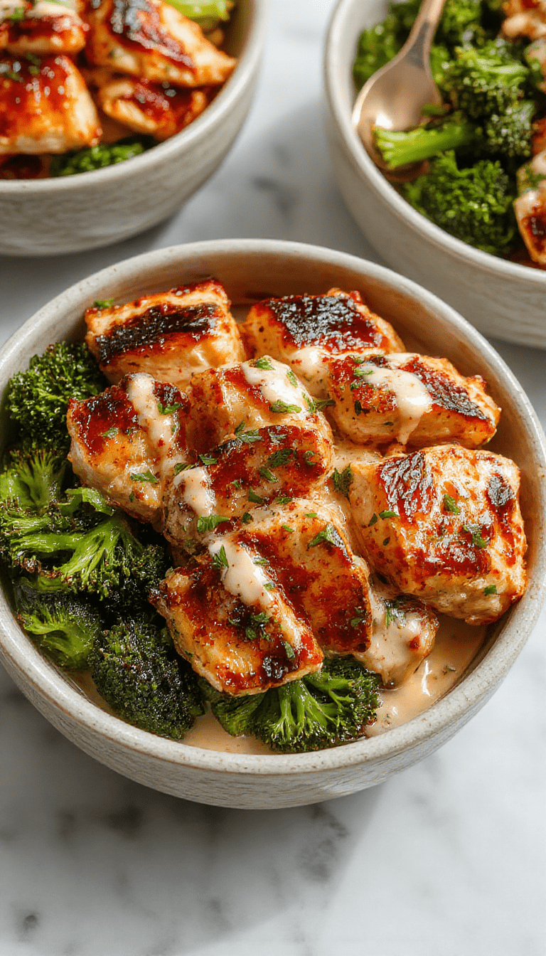 A vibrant plate featuring sliced grilled chicken and bright green broccoli florets arranged in a bowl, drizzled with a silky, creamy garlic sauce, garnished with chopped herbs, styled on a modern dark background with a rustic wooden spoon nearby.