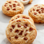 A close-up of freshly baked chocolate chip cookies stacked on a rustic wooden tray, golden-brown edges, gooey chocolate chunks visible, with a soft-focus background featuring a glass of milk and a spatula.