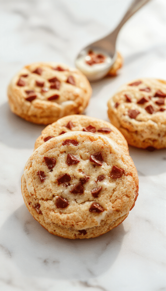 A close-up of freshly baked chocolate chip cookies stacked on a rustic wooden tray, golden-brown edges, gooey chocolate chunks visible, with a soft-focus background featuring a glass of milk and a spatula.