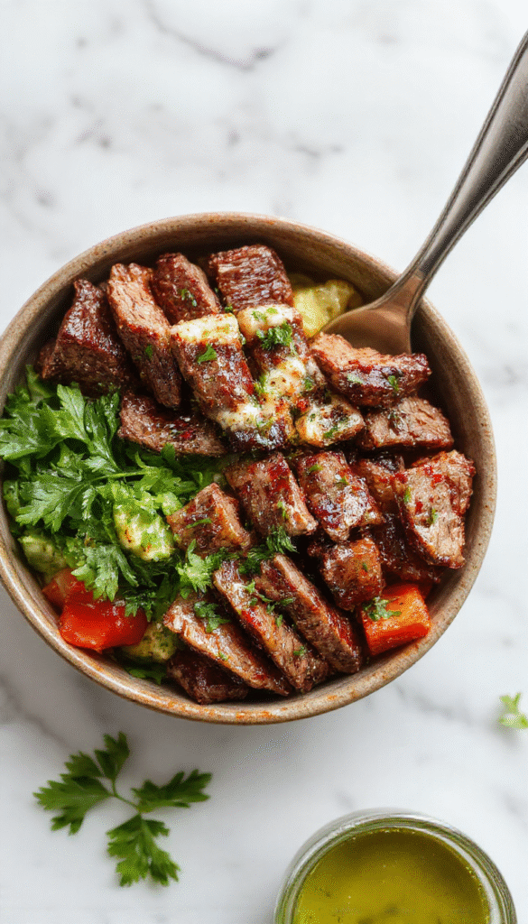 Colorful Mediterranean steak bowls featuring tender sliced beef, vibrant cherry tomatoes, creamy hummus, fresh parsley, and fluffy rice, beautifully plated with a drizzle of olive oil and garnished with lemon wedges, showcasing a perfect blend of textures and bright colors