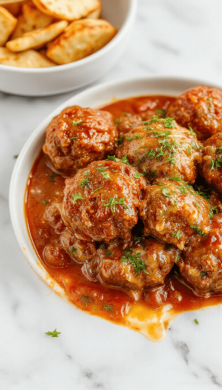 Colorful platter of golden-brown italian meatballs glistening with sauce, garnished with fresh herbs, arranged neatly on a rustic wooden table with a side of spaghetti and tomato sauce, styled for an inviting homestyle look