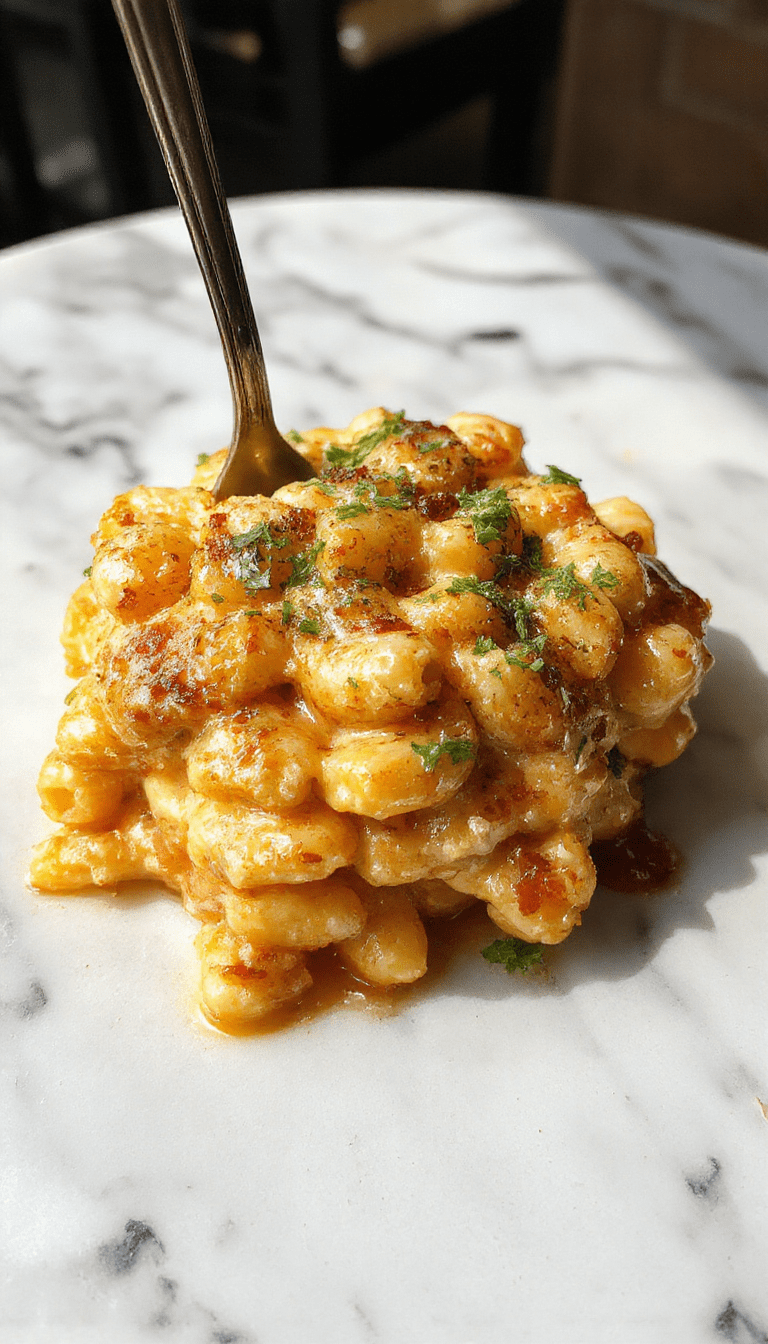 A vibrant bowl of monster mac and cheese featuring gooey melted cheese, colorful sprinkle toppings, and spiral pasta, styled on a rustic wooden surface with fresh herbs scattered around, emphasizing its cheesy and indulgent appeal.