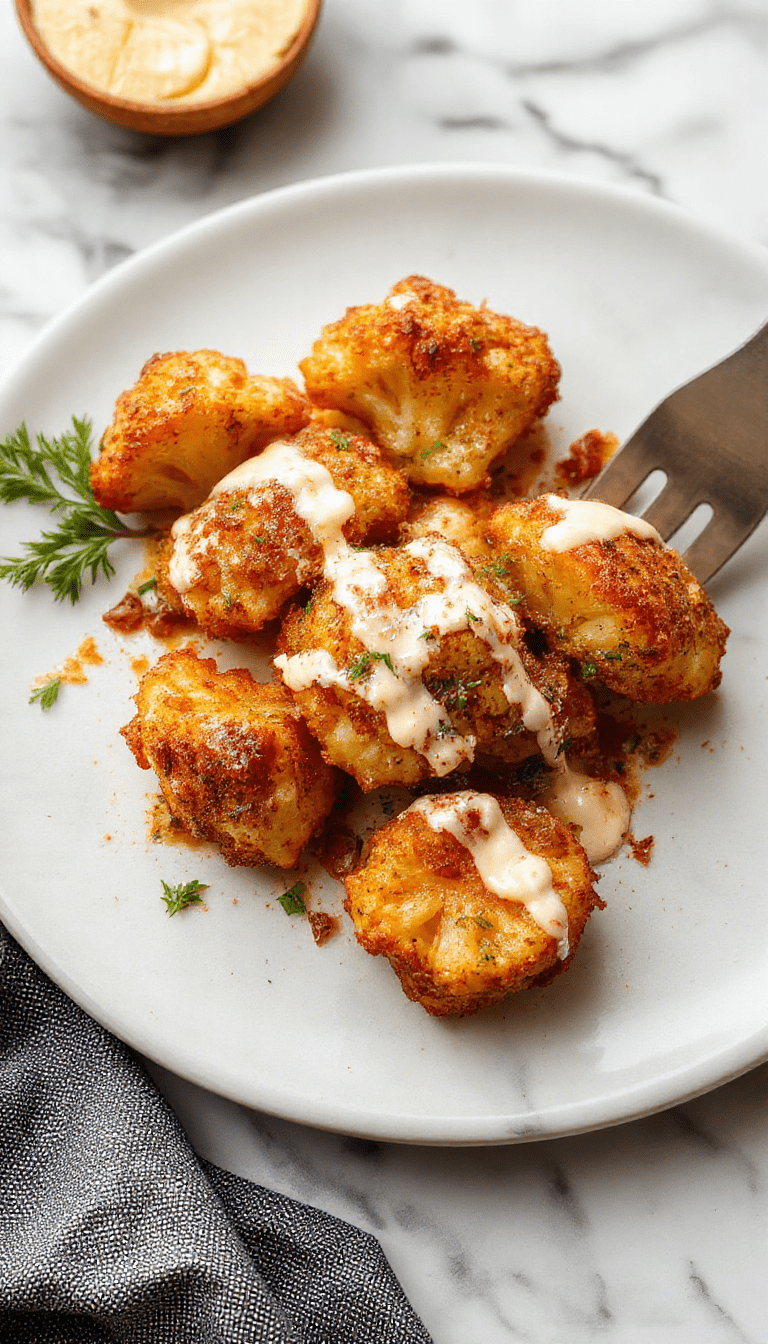Vivid image of golden roasted cauliflower florets drizzled with creamy tahini and honey sauce, garnished with fresh herbs on a rustic white plate, with colorful spices and a honey jar in the background, showcasing textures from crispy edges to smooth sauce.