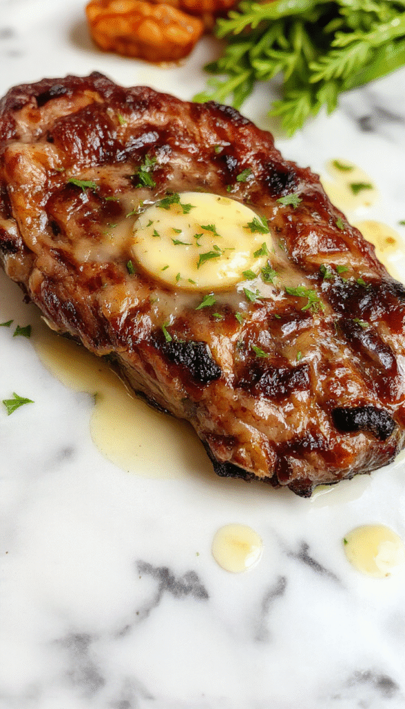 A beautifully cooked pan-seared steak with a golden-brown crust, drizzled with glossy butter sauce, garnished with fresh herbs, presented on a white plate with a rustic wooden background, highlighting the juicy interior and crispy edges.