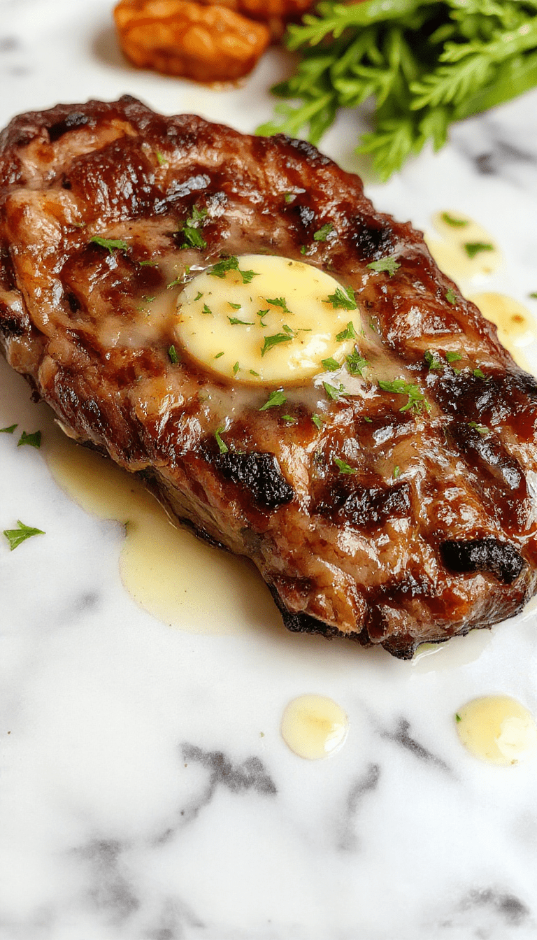 A beautifully cooked pan-seared steak with a golden-brown crust, drizzled with glossy butter sauce, garnished with fresh herbs, presented on a white plate with a rustic wooden background, highlighting the juicy interior and crispy edges.