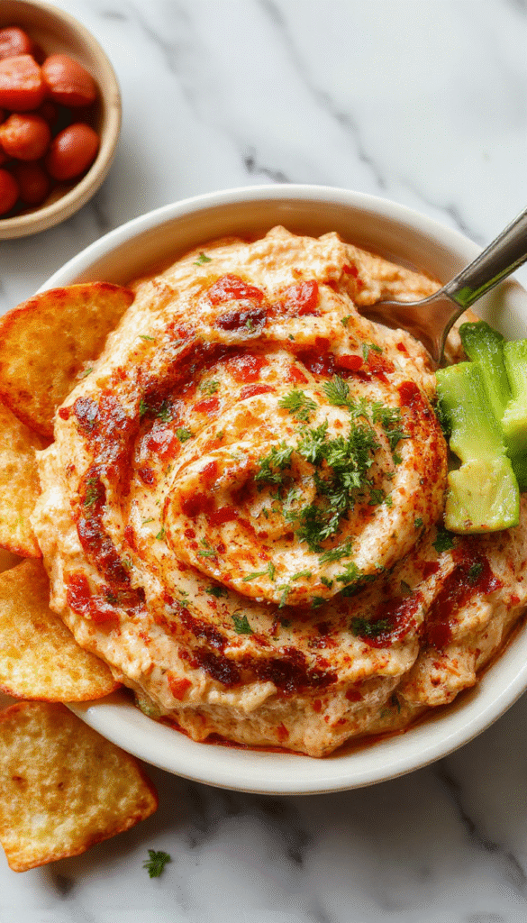 A vibrant bowl of football-shaped creamy dip with a crispy topping, garnished with chopped herbs, surrounded by colorful chips on a rustic wooden table, evoking a festive game day atmosphere