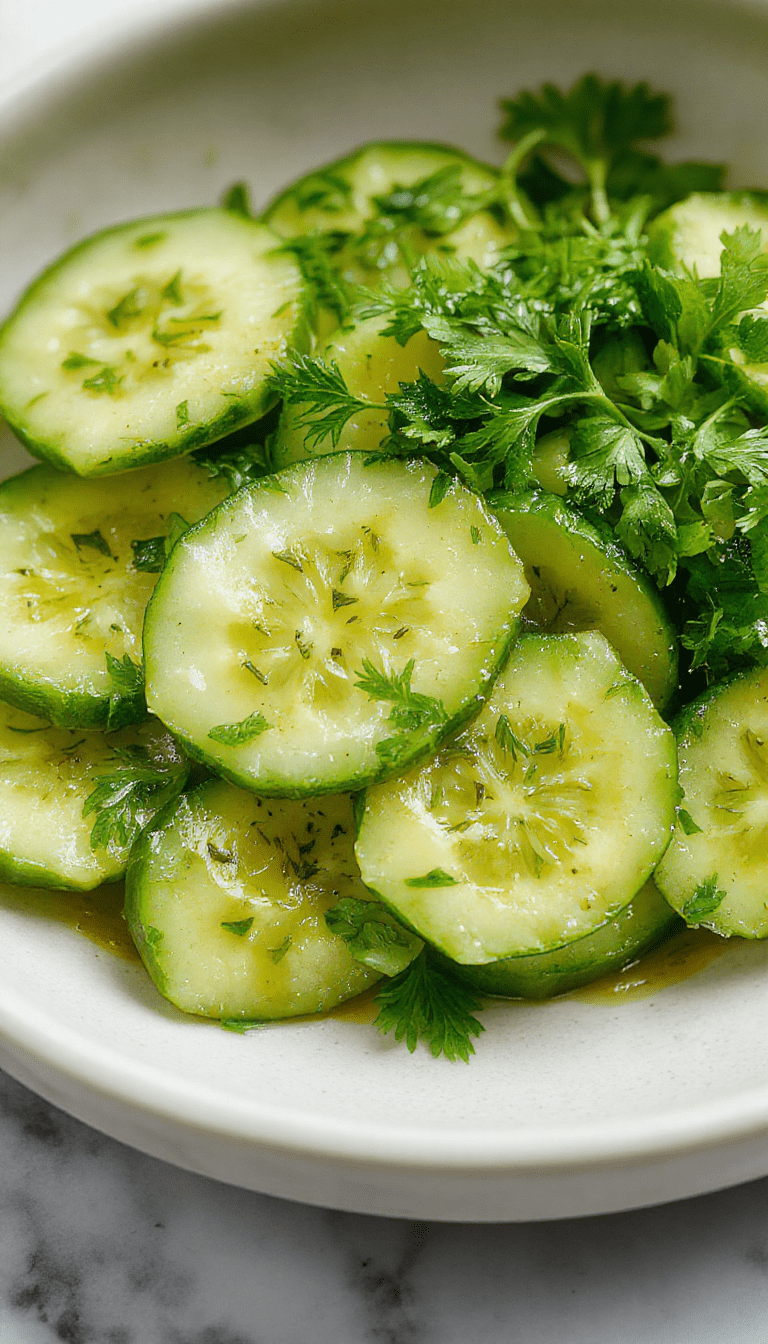 A vibrant cucumber dill salad served in a clear glass bowl, showcasing thinly sliced crisp cucumbers topped with fresh dill sprigs and lemon slices, with a light dressing drizzle, styled on a rustic wooden table with a bright, airy background.