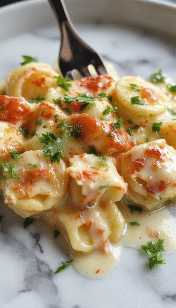 A close-up of a beautifully plated dish of Marry Me Tortellini featuring golden, cheese-filled tortellini nestled in a rich, creamy parmesan sauce garnished with fresh basil leaves, served on a white elegant plate with a sprig of basil on the side, highlighting the smooth textures and vibrant colors.