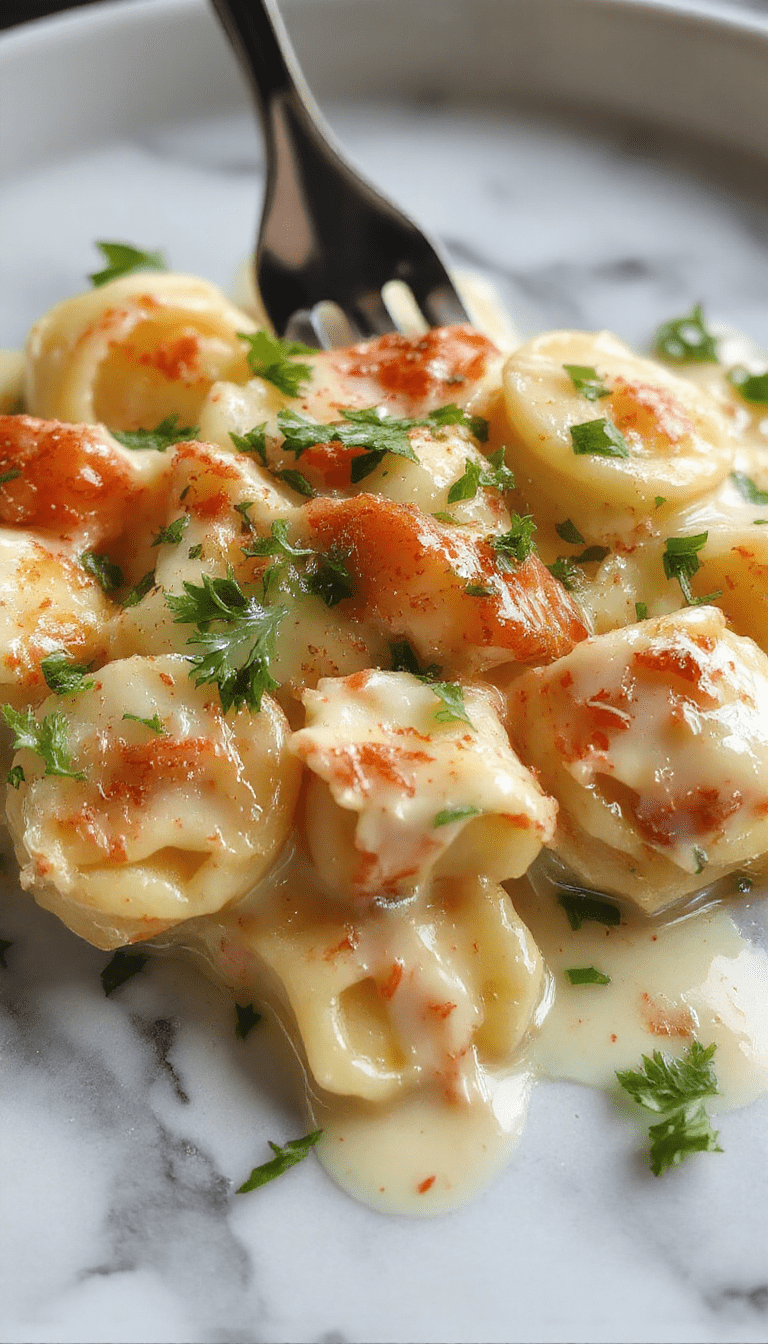 A close-up of a beautifully plated dish of Marry Me Tortellini featuring golden, cheese-filled tortellini nestled in a rich, creamy parmesan sauce garnished with fresh basil leaves, served on a white elegant plate with a sprig of basil on the side, highlighting the smooth textures and vibrant colors.