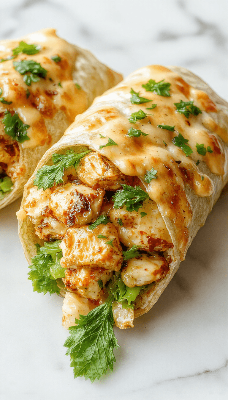 Colorful plate featuring golden-brown chicken wraps filled with melted cheese, fresh green lettuce, and red tomatoes, garnished with chopped parsley, styled on a rustic wooden table with a drizzle of garlic sauce.