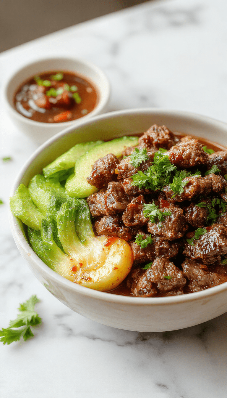 A vibrant Korean Ground Beef Bowl featuring perfectly seasoned ground beef served over steamed rice, garnished with chopped green onions, sesame seeds, and sliced cucumbers, on a rustic wooden table with chopsticks nearby, capturing a colorful and appetizing presentation with textures from tender beef and crunchy vegetables.