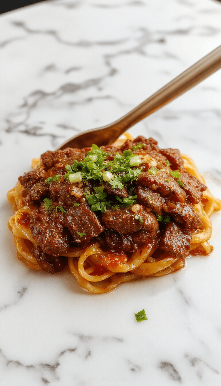 A vibrant plate of Mongolian Ground Beef Noodles featuring tender ground beef mixed with glossy dark soy sauce and green scallions, served over perfectly cooked thin noodles. The dish is garnished with sesame seeds and chopped cilantro, arranged on a rustic wooden surface with colorful vegetables in the background, showcasing a flavorful Asian-inspired meal with rich textures and inviting colors.