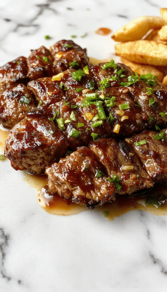 A vibrant plate of pepper steak featuring tender beef slices coated in a glossy pepper sauce, garnished with sliced green peppers, on a rustic wooden table with a side of steamed rice, colorful vegetables, and fresh herbs.
