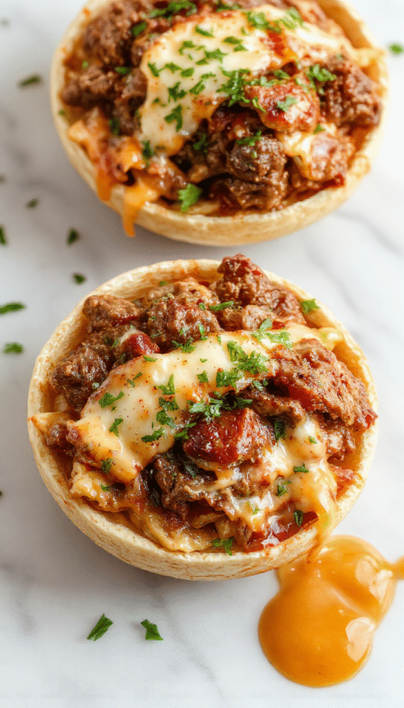 A vibrant bowl filled with thinly sliced pieces of tender beef, melted cheese draping over colorful bell peppers and onions, served on a bed of fluffy rice with fresh herbs garnishing the top, all arranged beautifully on a rustic wooden table with a backdrop of kitchen tools.