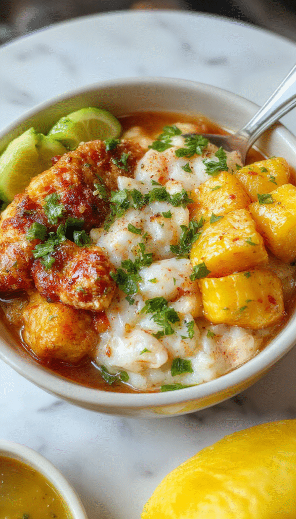 A vibrant and colorful chicken rice bowl featuring grilled chicken slices topped with golden roasted corn kernels, fresh cilantro, and a drizzle of creamy sauce, all arranged on a white plate with a side of lime wedges. The dish showcases textures from tender chicken, crunchy corn, and fluffy rice, with bright garnishes enhancing its appetizing presentation.