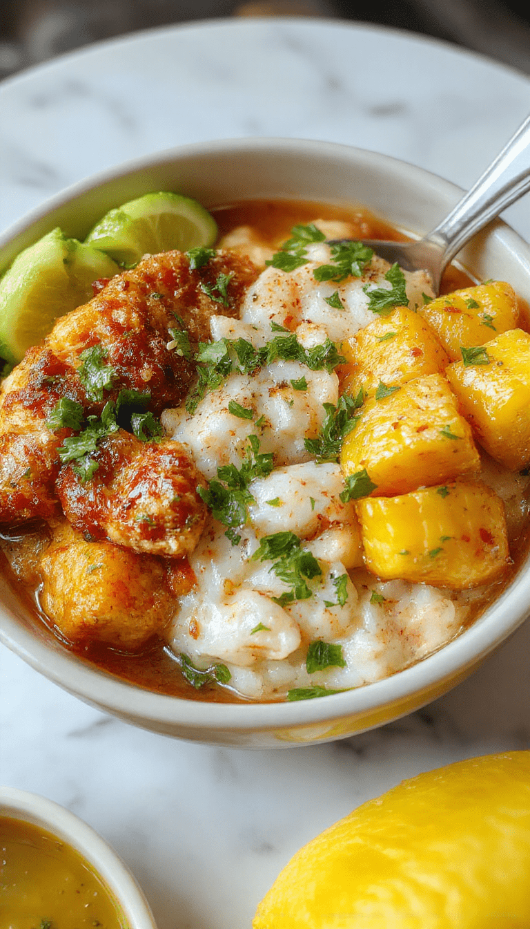 A vibrant and colorful chicken rice bowl featuring grilled chicken slices topped with golden roasted corn kernels, fresh cilantro, and a drizzle of creamy sauce, all arranged on a white plate with a side of lime wedges. The dish showcases textures from tender chicken, crunchy corn, and fluffy rice, with bright garnishes enhancing its appetizing presentation.