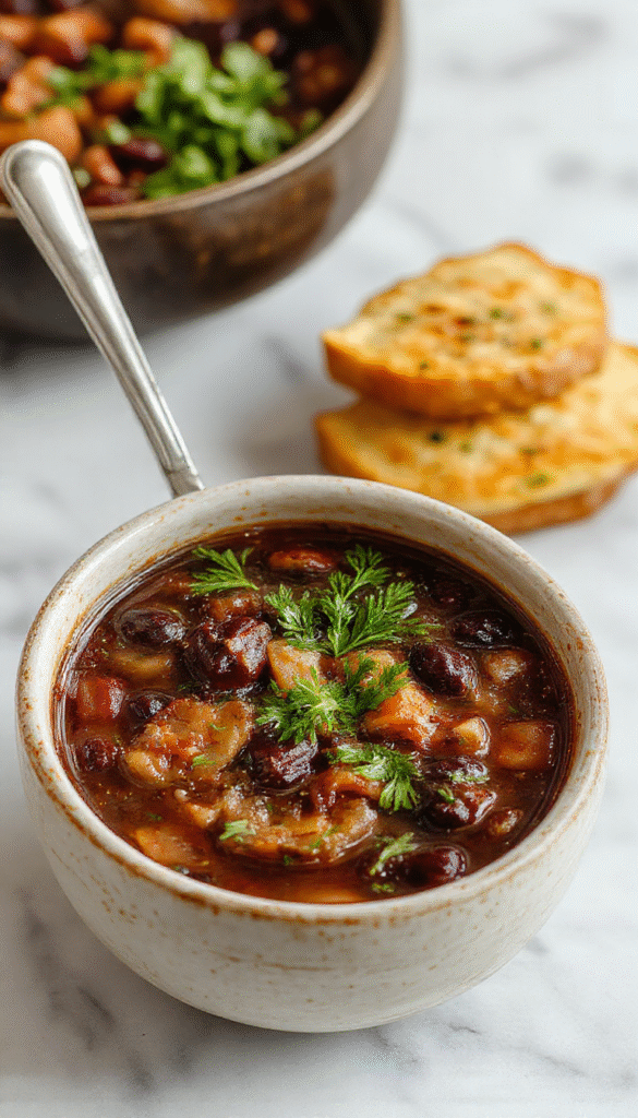 A vibrant bowl of black bean soup garnished with fresh cilantro, topped with a dollop of sour cream and sliced lime wedges, served on a rustic wooden table with a spoon resting nearby, showcasing the thick, velvety texture and rich dark color of the soup.