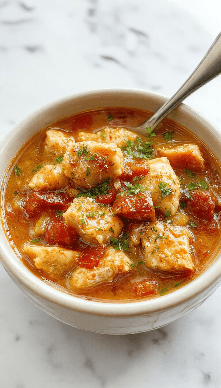 A hearty bowl of chicken stew with tender shredded chicken chunks, vibrant vegetables like carrots and potatoes, simmered in a thick savory broth, topped with fresh herbs, served on a rustic wooden table.