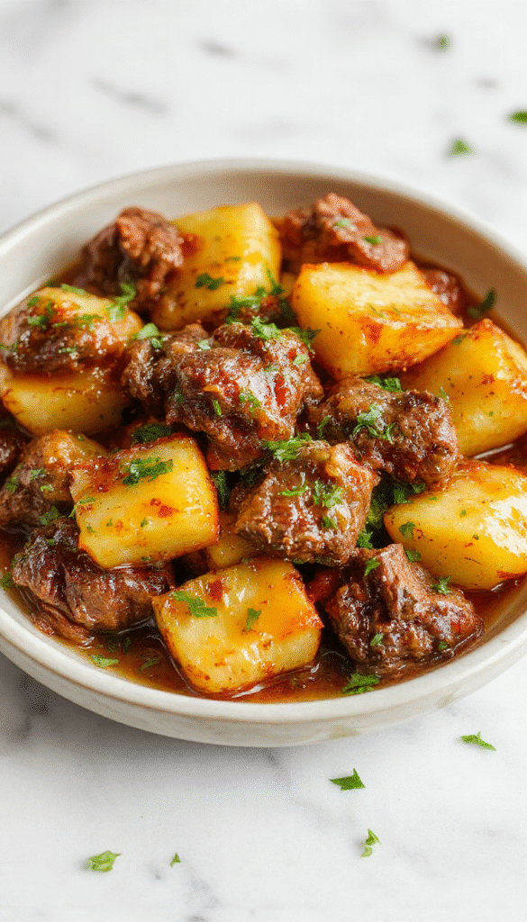 A rustic white plate showcasing tender beef bites coated in glossy garlic butter with crispy roasted potatoes, garnished with fresh herbs and served on a wooden table with a splash of sauce, styled with aromatic garlic cloves and sprigs of thyme for a homely, hearty presentation.