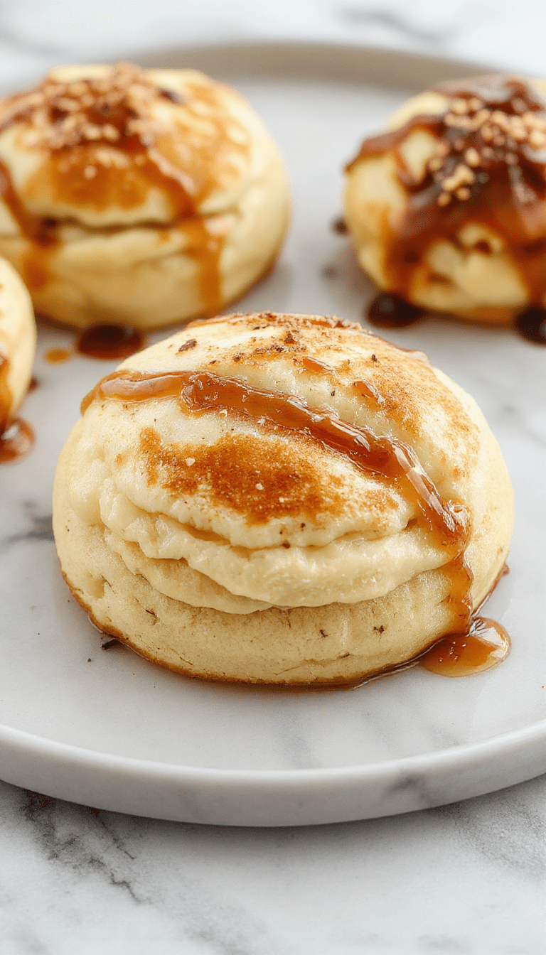 A stack of tall, airy Japanese souffle pancakes with a golden-brown top, drizzled with syrup and topped with fresh berries and a dollop of whipped cream, presented on a white plate with a soft-focus background showcasing a cozy breakfast setting.