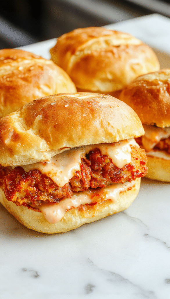 Colorful plate featuring spicy bang bang chicken tucked inside mini slider buns, drizzled with creamy sauce, garnished with chopped green onions and sesame seeds, with a side of fresh salad on a white ceramic plate.