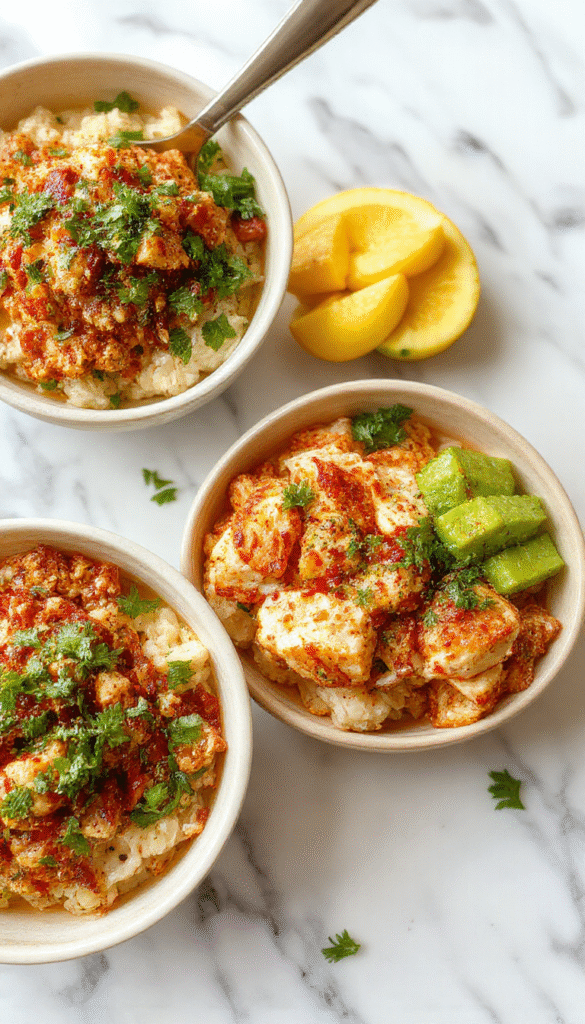 Colorful ground turkey rice bowl featuring seasoned ground turkey, white fluffy rice, bright red and green bell peppers, garnished with chopped cilantro and sesame seeds, styled in a modern white bowl on a rustic wooden table.