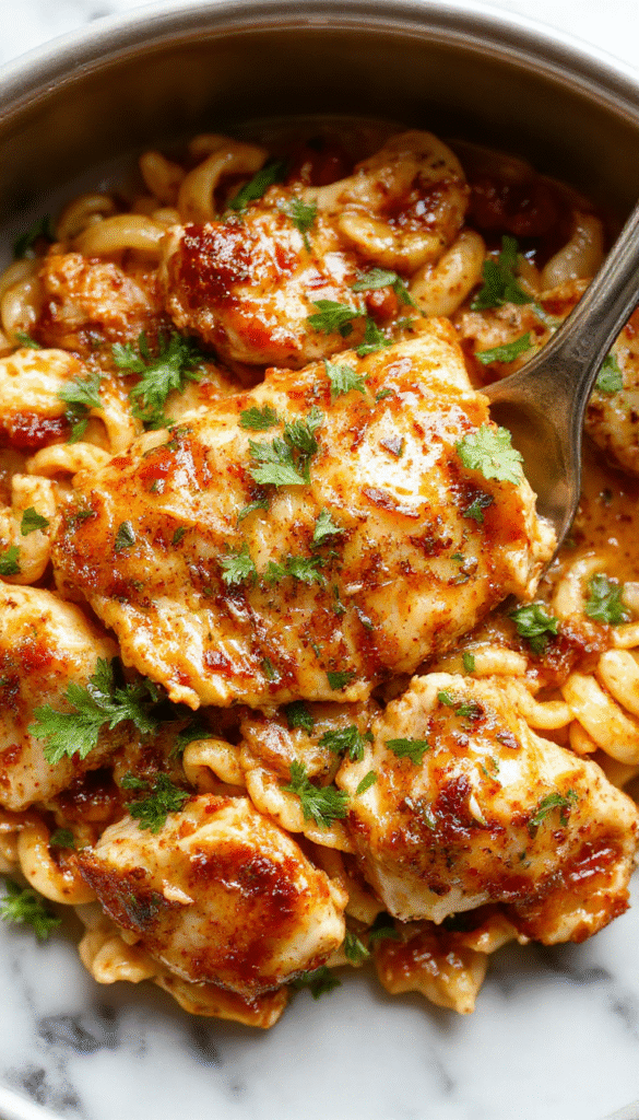 A vibrant bowl of cajun chicken orzo featuring perfectly cooked golden chicken pieces, tender orzo pasta coated in rich reddish cajun sauce, garnished with green herbs, served on a rustic wooden table with colorful vegetables in the background.
