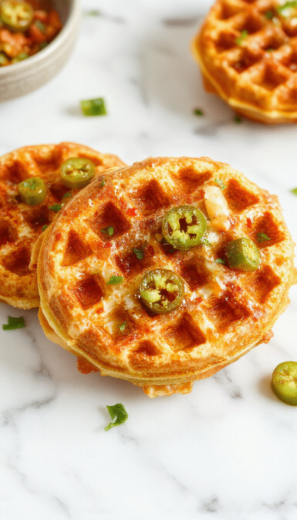 A golden-brown cornbread waffle topped with melted cheddar cheese and sliced jalapeños, served on a rustic white plate with a drizzle of honey, garnished with fresh cilantro, highlighting crispy edges, vibrant green jalapeños, and gooey cheese textures.