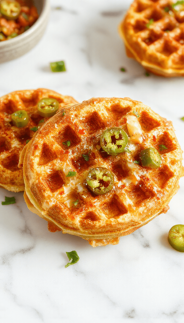 A golden-brown cornbread waffle topped with melted cheddar cheese and sliced jalapeños, served on a rustic white plate with a drizzle of honey, garnished with fresh cilantro, highlighting crispy edges, vibrant green jalapeños, and gooey cheese textures.