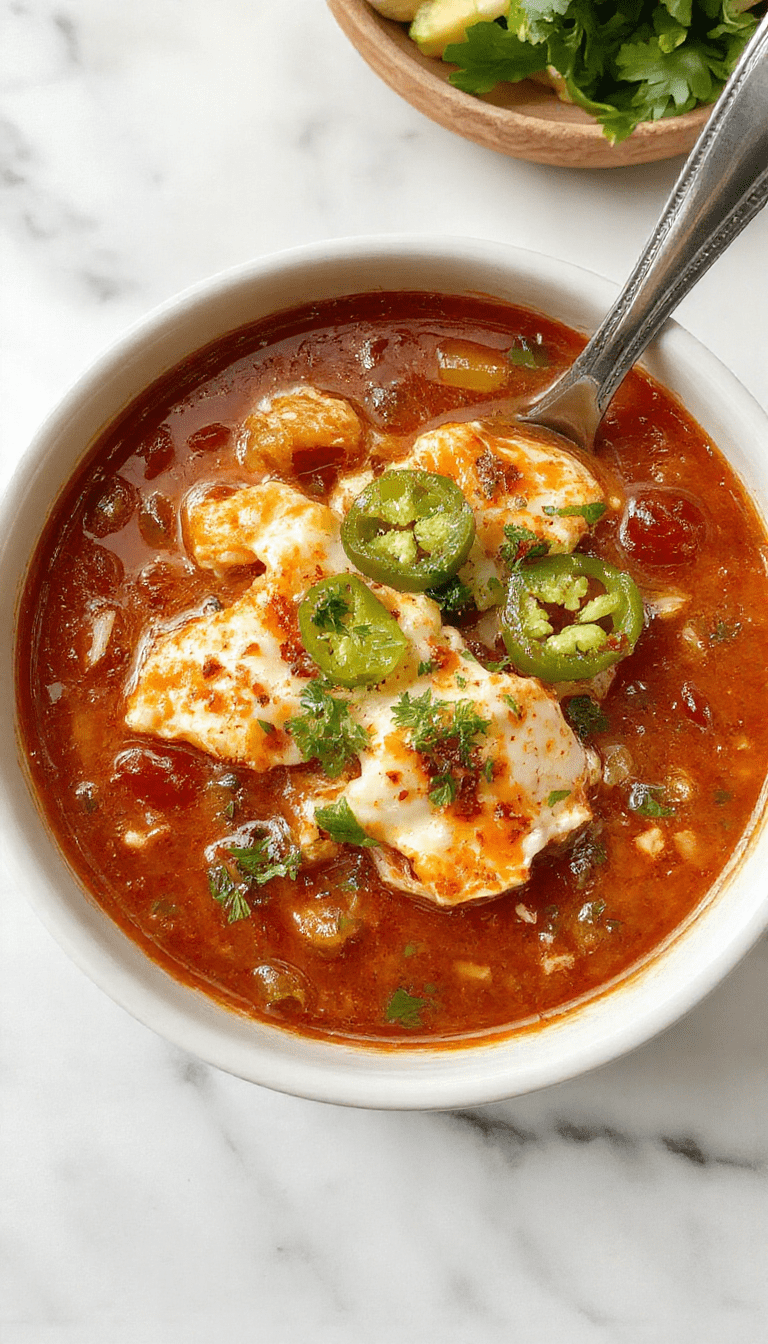 A vibrant bowl of spicy jalapeño chicken soup garnished with shredded cheese, sliced jalapeños, fresh herbs, and crispy bacon bits on top, with a rustic wooden spoon beside the steaming, hearty bowl. The soup has a rich golden color with visible chunks of chicken and melted cheese, served on a bright colorful table setting.