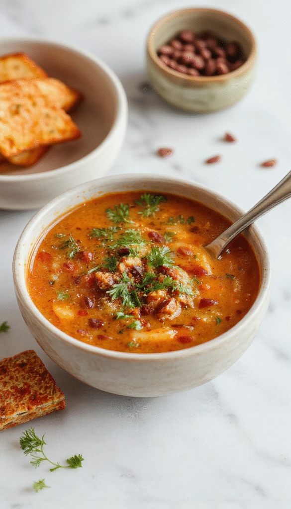 A vibrant bowl of spicy sesame carrot soup topped with a sprinkle of sesame seeds and chopped herbs, with a smooth, thick consistency and bright orange color, garnished with red lentils and fresh green herbs on a rustic wooden table