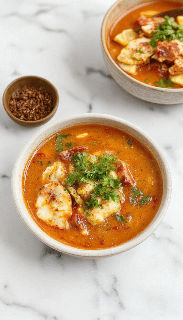 A vibrant bowl of Thai Red Curry Noodle Soup featuring colorful ingredients. The bowl showcases red curry broth with tender rice noodles, garnished with fresh basil, lime wedges, and sliced red chili peppers. The surface of the soup is glossy, with visible herbs and vegetables peeking through, and the bowl is styled on a rustic wooden table with scattered fresh herbs for a wholesome, inviting look.