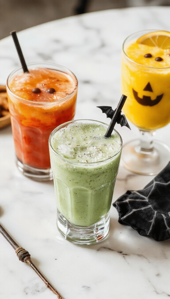 Colorful Halloween-themed drinks served in clear glasses with spooky straw accents, decorated with candy and themed garnishes. The drinks feature vibrant orange, green, and purple hues, with frothy textures and playful decorations like gummy worms and mini marshmallows, arranged on a festive tablecloth with Halloween props in the background.