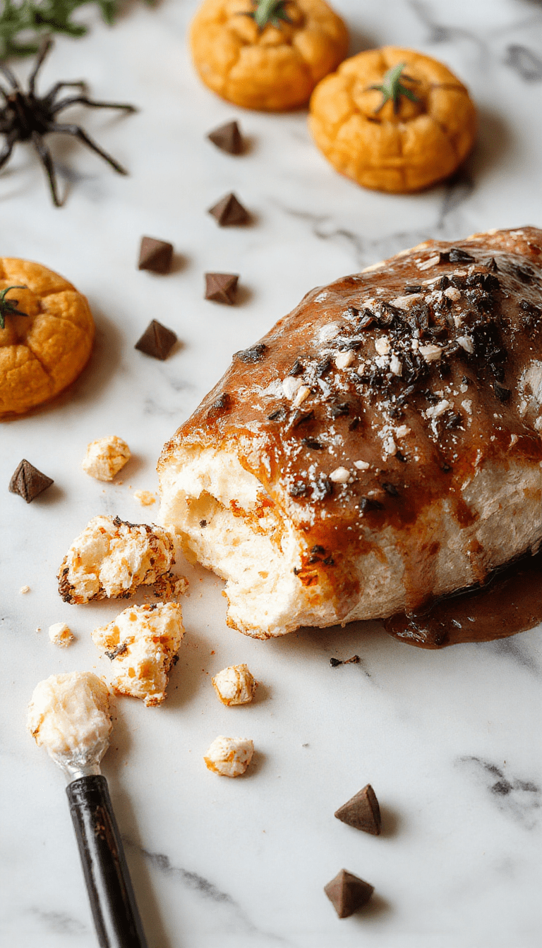 Colorful assortment of spooky Halloween snacks arranged on a black platter with orange and purple decorations in the background, featuring creepy shaped cookies, monster popcorn, and themed candies, all with vibrant colors and spooky Halloween motifs, styled invitingly for a festive movie night.