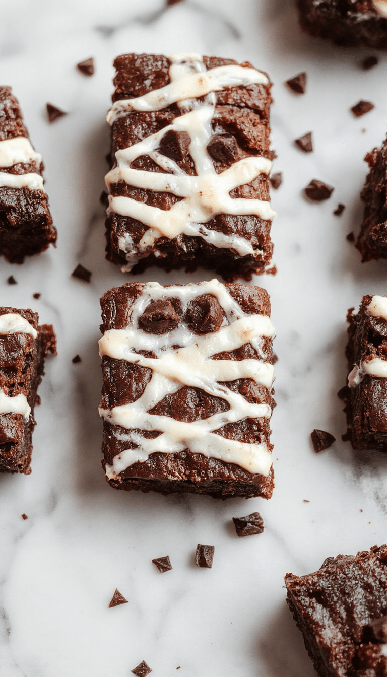 Colorful spooky mummy brownies with white frosting bandages, mini chocolate chips for eyes, served on a dark plate with Halloween themed decorations, showcasing textured fudgy brownies with detailed mummy faces and a mysterious, festive atmosphere.