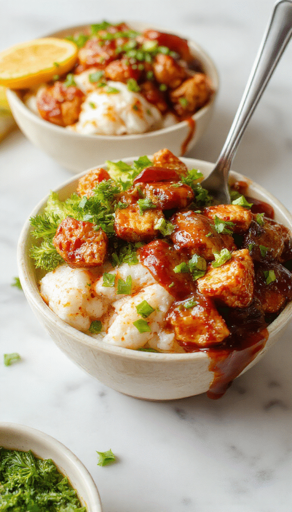 A vibrant bowl featuring tender sticky chicken atop fluffy steamed rice, garnished with green herbs and crispy vegetables, styled on a rustic wooden table with a drizzle of sauce.