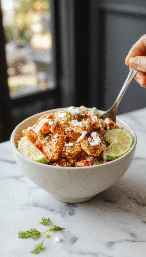 Colorful sweet chili chicken served in a white ceramic bowl topped with vibrant green cilantro and shredded coconut, drizzled with a bright lime and coconut sauce, garnished with lime wedges and fresh herbs, with a textured wooden background.