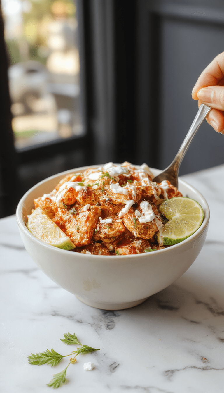 Colorful sweet chili chicken served in a white ceramic bowl topped with vibrant green cilantro and shredded coconut, drizzled with a bright lime and coconut sauce, garnished with lime wedges and fresh herbs, with a textured wooden background.