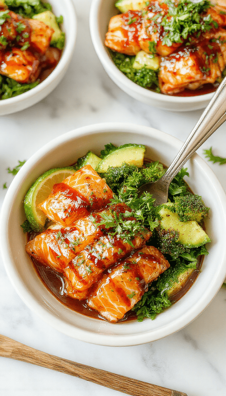 Colorful honey glazed salmon bowls featuring perfectly cooked salmon fillets with a shiny honey glaze, served over vibrant rice and vegetable medley, garnished with fresh herbs and sesame seeds, styled on a rustic wooden table with a drizzle of sauce.