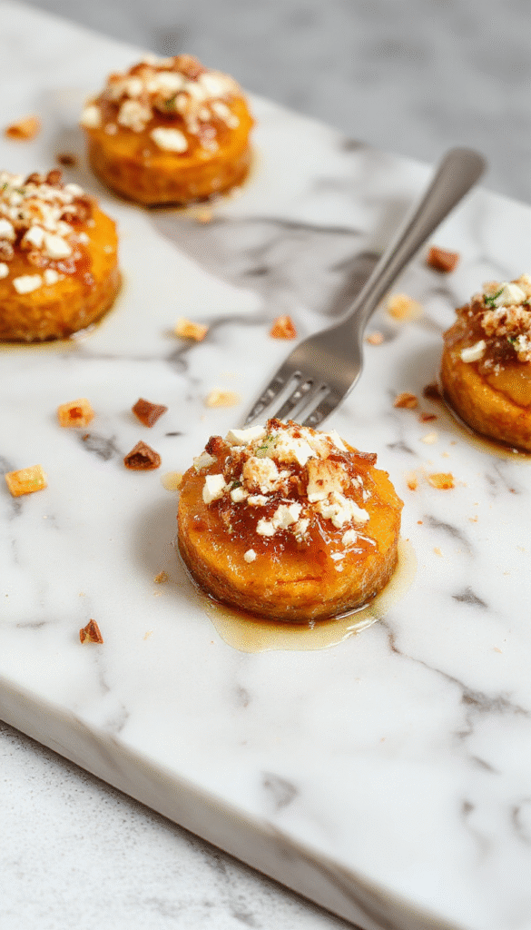 Colorful close-up of crispy roasted sweet potato rounds topped with golden honey drizzle, crumbled white feta cheese, and a sprinkle of herbs on a rustic wooden plate