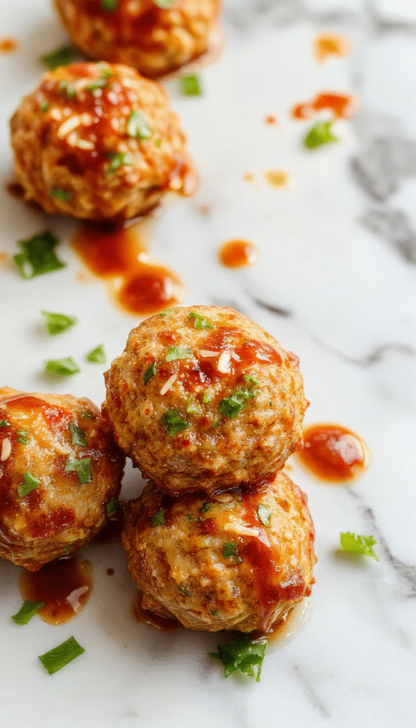 Colorful platter of glossy Asian turkey meatballs with a caramelized glaze, garnished with sesame seeds and chopped green onions, served on a sleek white plate with a drizzle of spicy sauce, vibrant red and green accents complementing the dish's inviting textures