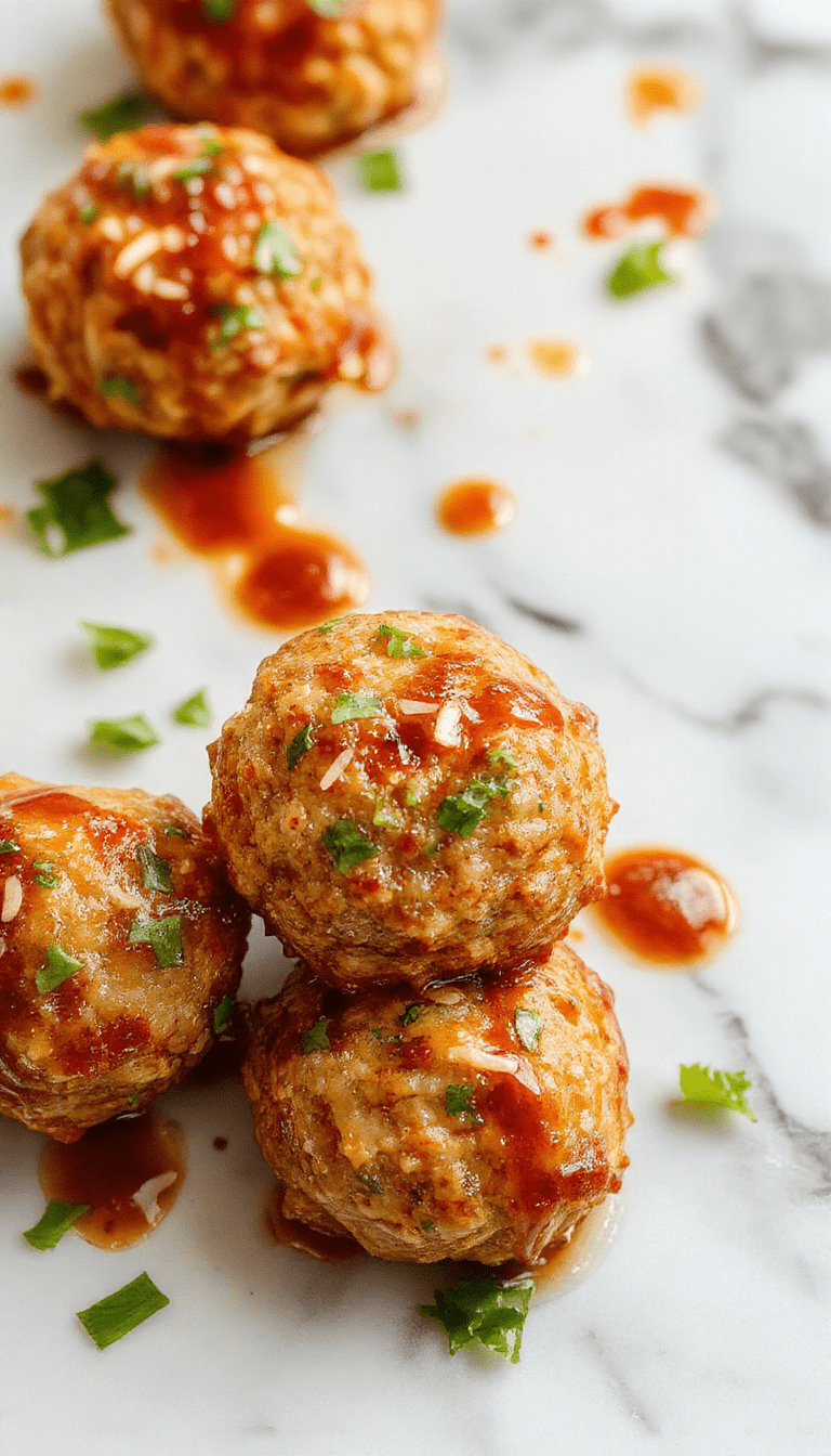 Colorful platter of glossy Asian turkey meatballs with a caramelized glaze, garnished with sesame seeds and chopped green onions, served on a sleek white plate with a drizzle of spicy sauce, vibrant red and green accents complementing the dish's inviting textures