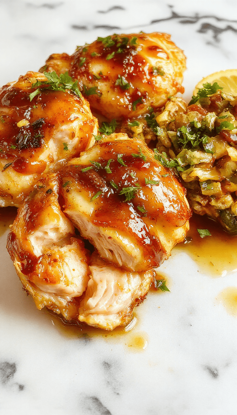 A glossy plate of honey garlic chicken featuring tender, caramelized chicken pieces drizzled with a sticky honey garlic sauce. The dish is garnished with chopped green onions and sesame seeds, served alongside a bed of steamed rice. The vibrant colors of the sauce contrast with the white plate, the crispy edges of the chicken add texture, and the colorful background highlights a cozy dinner setting.