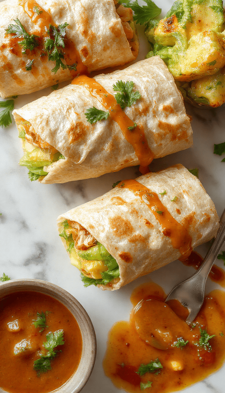 Colorful Thai Peanut Chicken Wraps on a rustic wooden platter, featuring tender grilled chicken, vibrant shredded carrots, crisp lettuce, and a drizzle of creamy peanut sauce, with fresh cilantro garnish and a side of lime wedges, styled for a bright, appealing presentation.