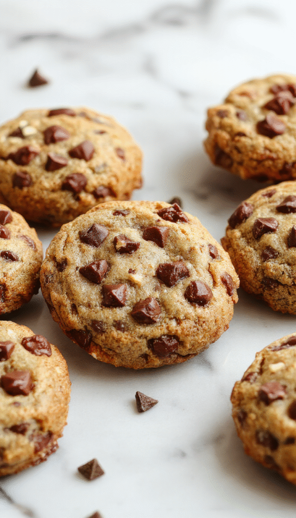 A close-up photo of freshly baked chocolate chip cookies on a rustic wooden tray, showcasing golden-brown edges, gooey chocolate chips, and a slightly cracked surface, with a stack of cookies slightly behind and soft natural light highlighting the texture.