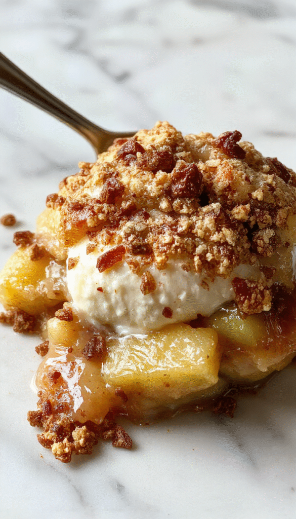 A golden-brown apple crisp topped with a crispy oatmeal streusel layer, served in a rustic white bowl on a wooden table, garnished with a fresh apple slice and a scoop of vanilla ice cream, with warm natural lighting highlighting the textures and inviting aroma.