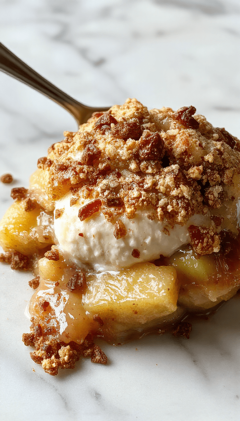 A golden-brown apple crisp topped with a crispy oatmeal streusel layer, served in a rustic white bowl on a wooden table, garnished with a fresh apple slice and a scoop of vanilla ice cream, with warm natural lighting highlighting the textures and inviting aroma.